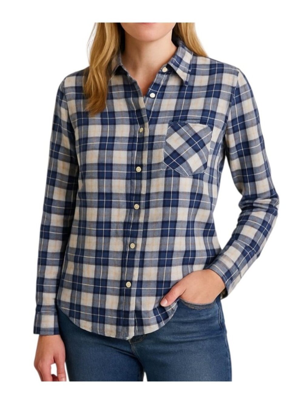 UNTUCKIT Womens Sorbo Button Up Cotton Blouse~Sz 6~Blue Plaid Long Sleeve  L6 11